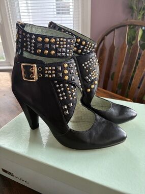 Matiko Black Studded Ankle Heeled Boots with Gold Hardware